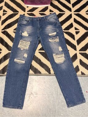 Women’s  Distressed Blue Denim Jeans - Classic Ripped Style